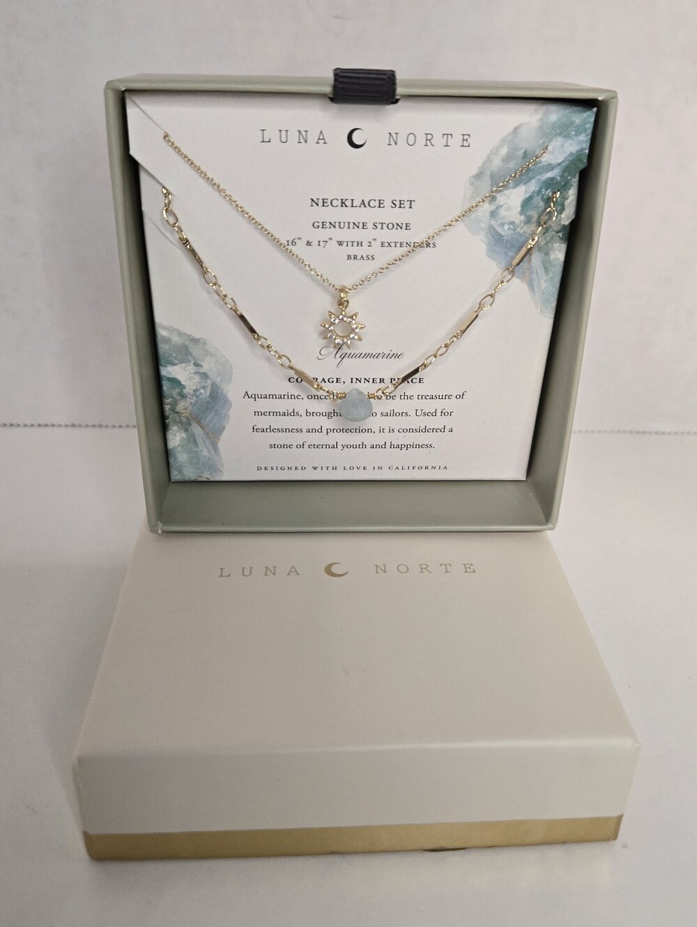 LUNA NORTE Aquamarine Necklace Set Sun Charm And Genuine Stone, 2 Necklaces